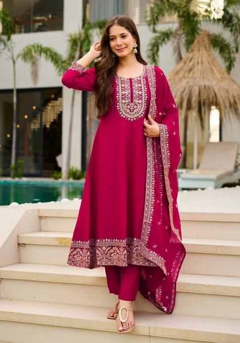 Rani Pink Embroidery Vichitra Kurti Set 
