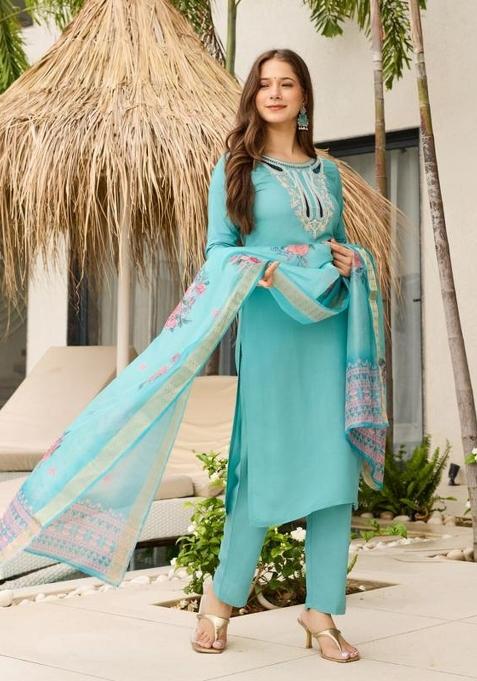 Sky Blue Embroidery Vichitra Kurti Set