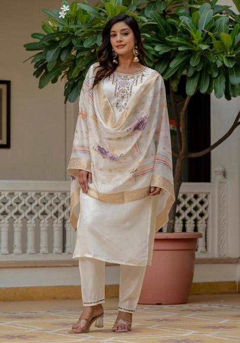 Ivory Embroidery Silk Kurti Set