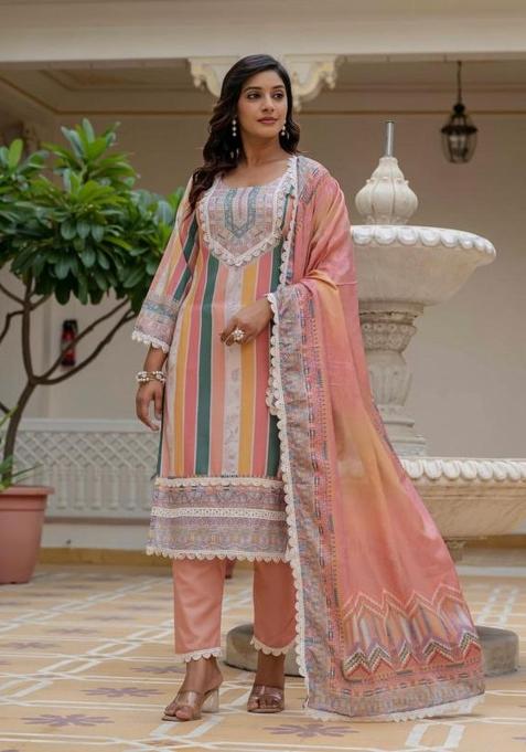 Peach Embroidery Rayon Kurti Set