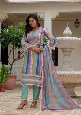 Sky Blue Embroidery Rayon Kurti Set