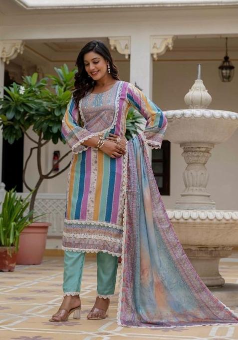 Sky Blue Embroidery Rayon Kurti Set