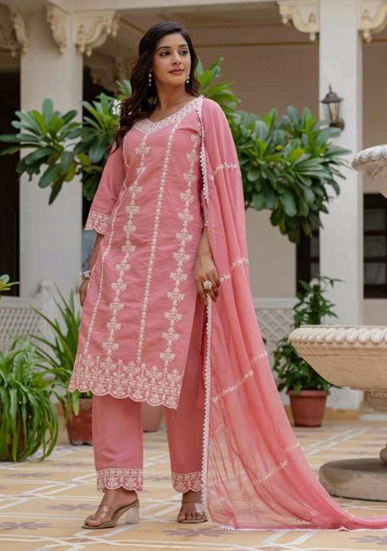 Pink Embroidery Silk Kurti Set - Indya