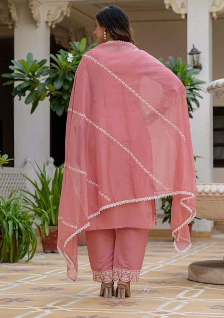 Pink Embroidery Silk Kurti Set - Indya