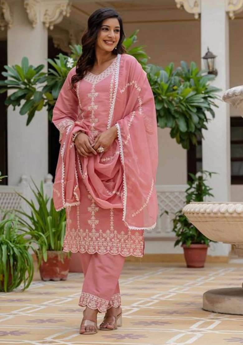 Pink Embroidery Silk Kurti Set - Indya