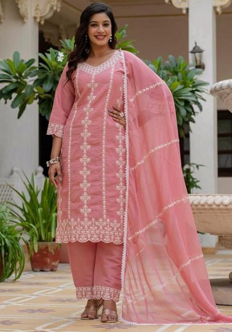 Pink Embroidery Silk Kurti Set