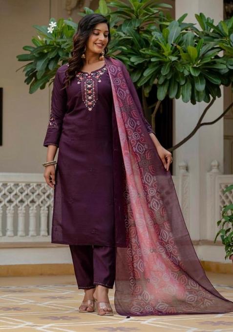 Wine Embroidery Lining Kurti Set