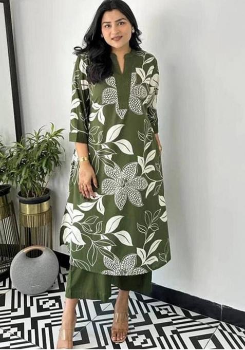 Green Printed Cotton Kurti Set