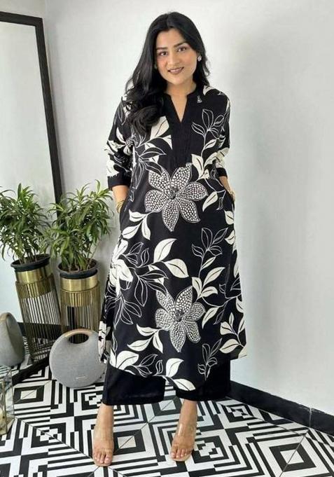 Black Printed Cotton Kurti Set