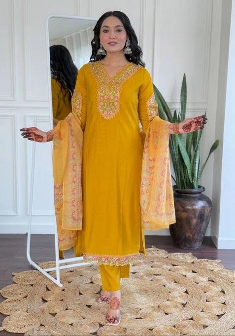 Mustard Yellow Embroidery Viscose Kurti Set