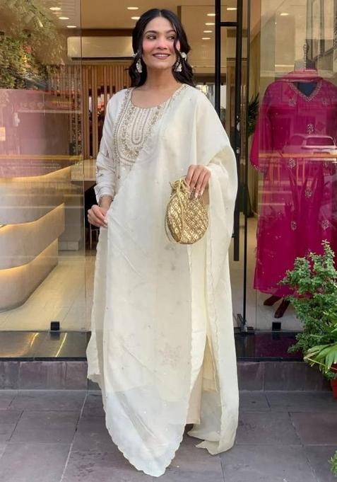 Off White Embroidery Silk Kurti Set