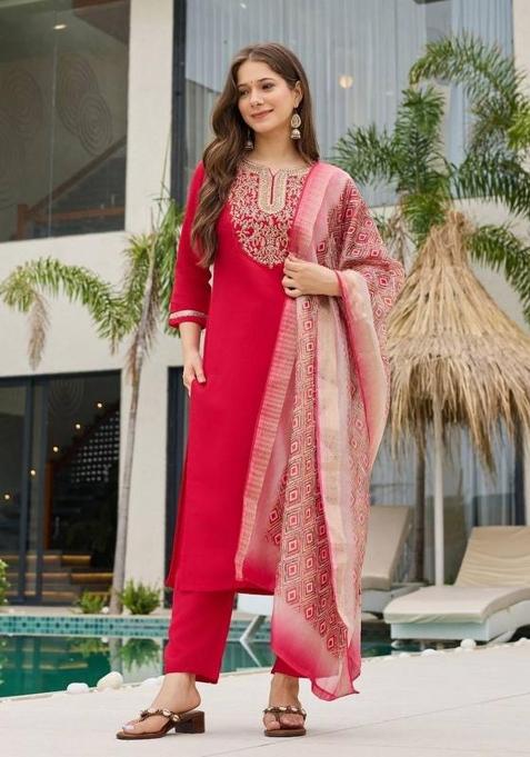Red Embroidery Rayon Kurti Set