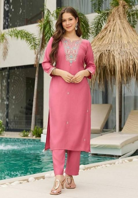 Onion Pink Embroidery Viscose Kurti Set