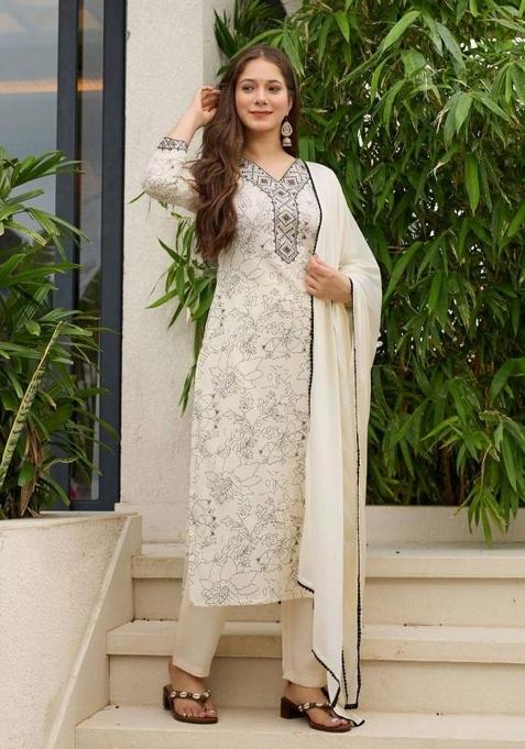 White Embroidery Rayon Kurti Set