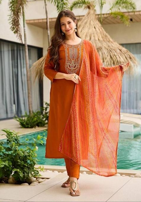 Orange Printed Lining Kurti Set
