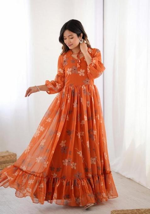 Orange Printed Lining Gown