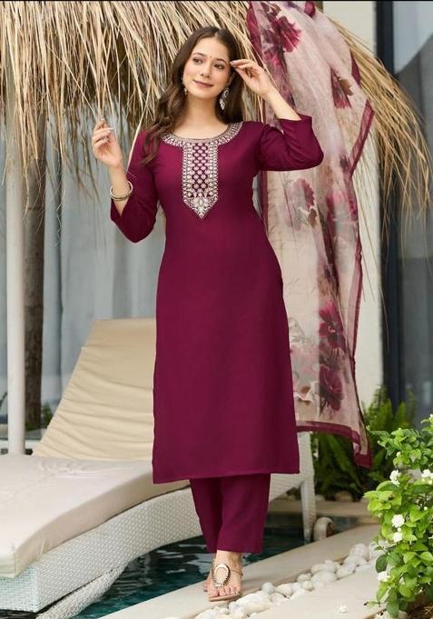 Maroon Embroidery Lining Kurti Set