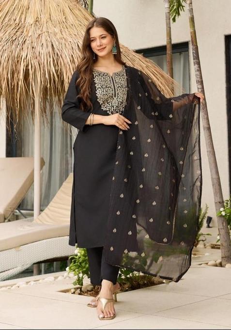 Black Embroidery Viscose Kurti Set