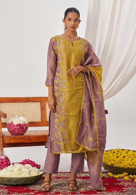 Purple Embroidery Silk Kurta Set