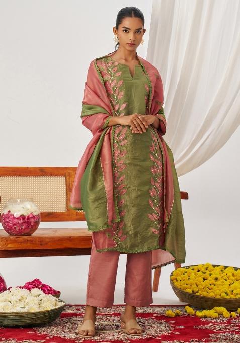 Pink Embroidery Silk Kurta Set
