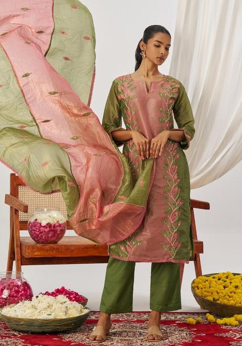 Green Embroidery Silk Kurta Set
