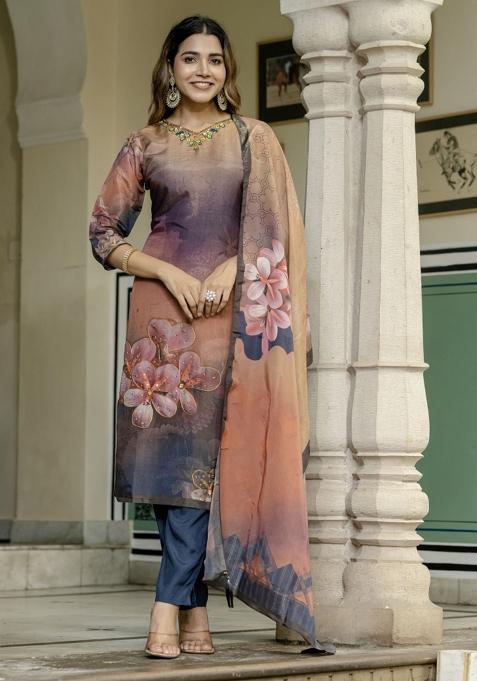 Peach Printed Silk Kurta Set