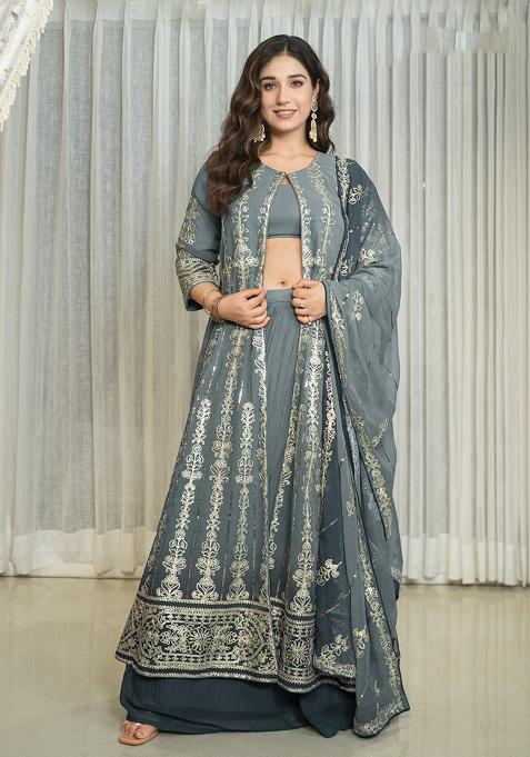 Grey Embroidery Georgette Kurta Set