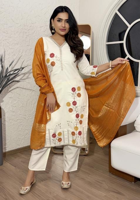 Cream Embroidery Silk Kurta Set