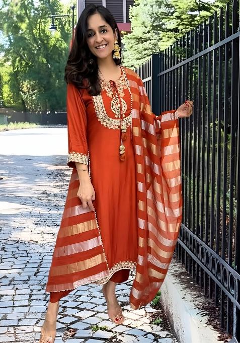 Orange Embroidery Chanderi Kurta Set