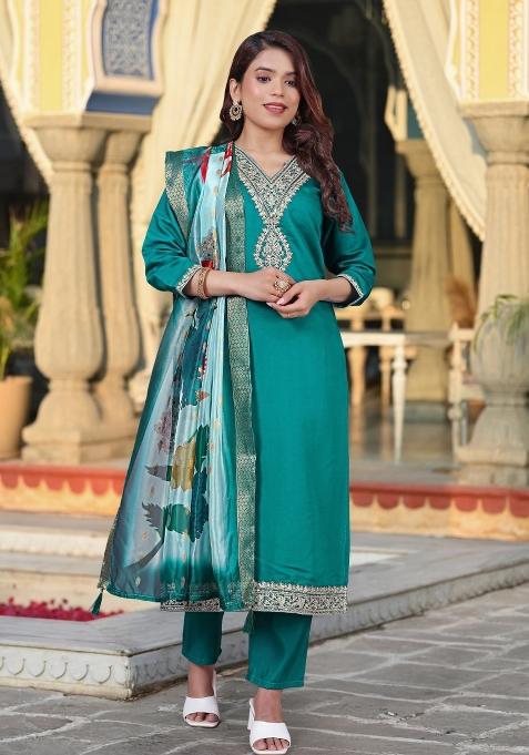 Teal Blue Embroidery Viscose Chanderi Kurta Set