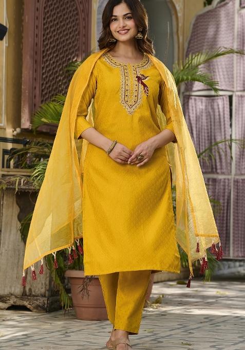 Yellow Embroidery Viscose Rayon Kurta Set