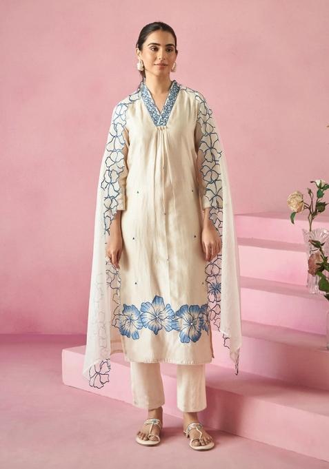 Off White Embroidery Viscose Rayon Kurta Set