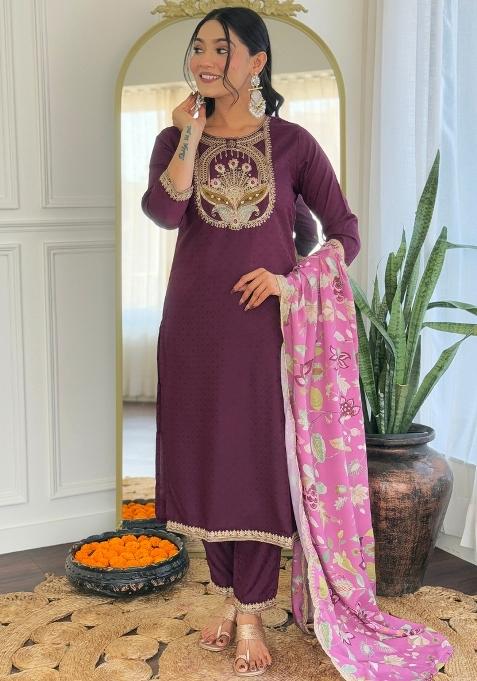 Wine Embroidery Viscose Rayon Kurta Set