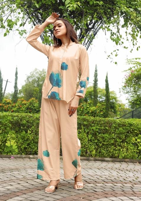 Peach Printed Rayon Kurta Set