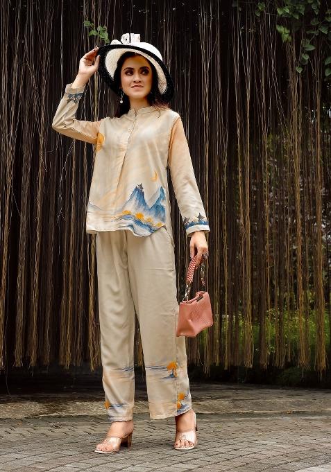 Cream Printed Rayon Kurta Set