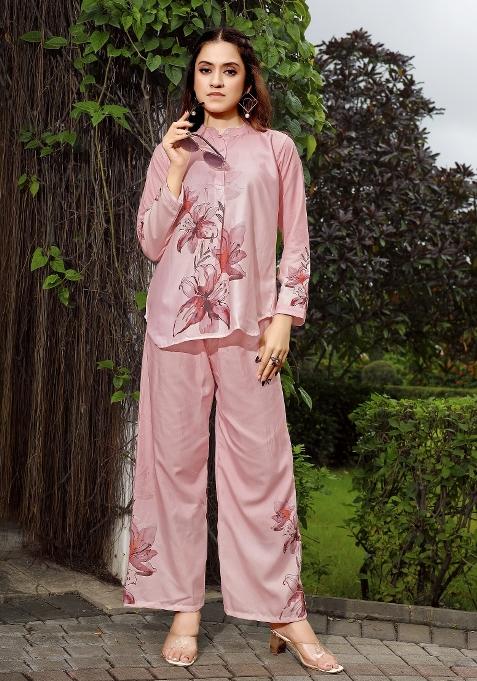 Pink Printed Rayon Kurta Set