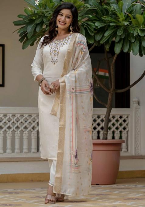 Off White Embroidery Silk Kurta Set