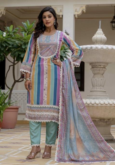 Multicolor Embroidery Rayon Slub Kurta Set