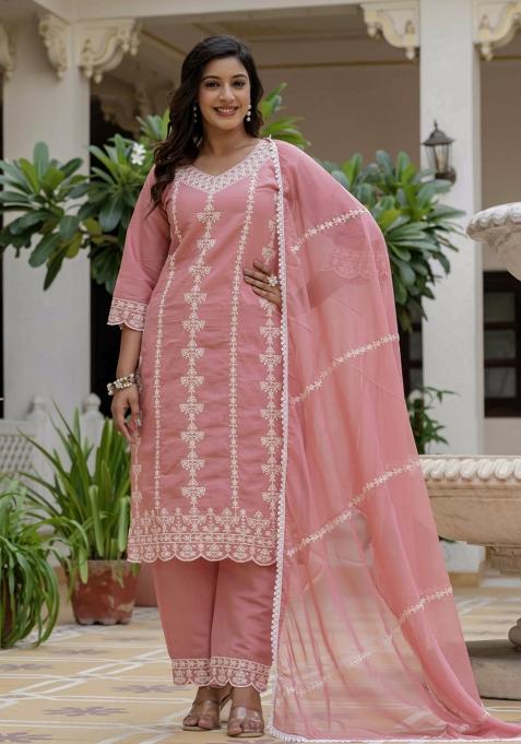 Peach Embroidery Silk Kurta Set