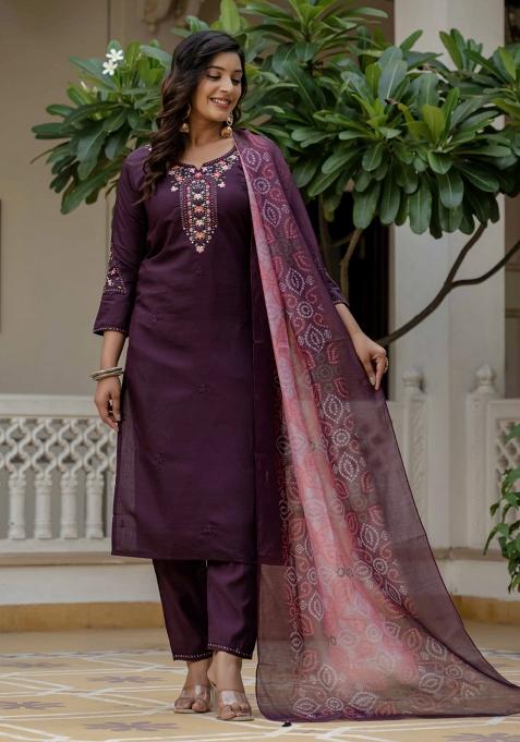 Wine Embroidery Silk Kurta Set