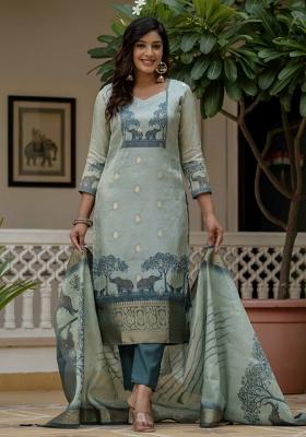 Sky Blue Printed Silk Kurta Set