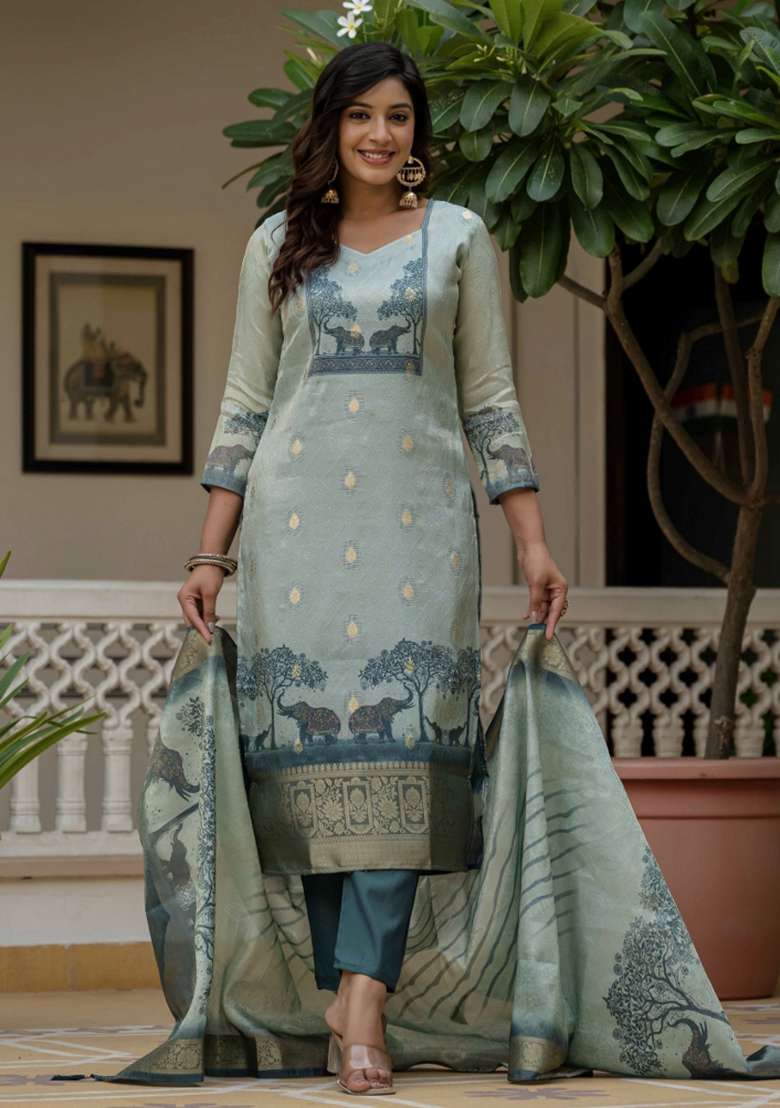 Sky Blue Printed Silk Kurta Set - Indya