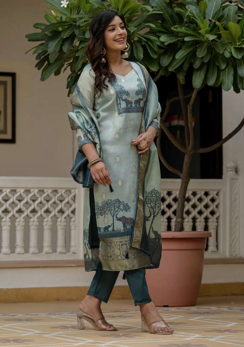 Sky Blue Printed Silk Kurta Set - Indya