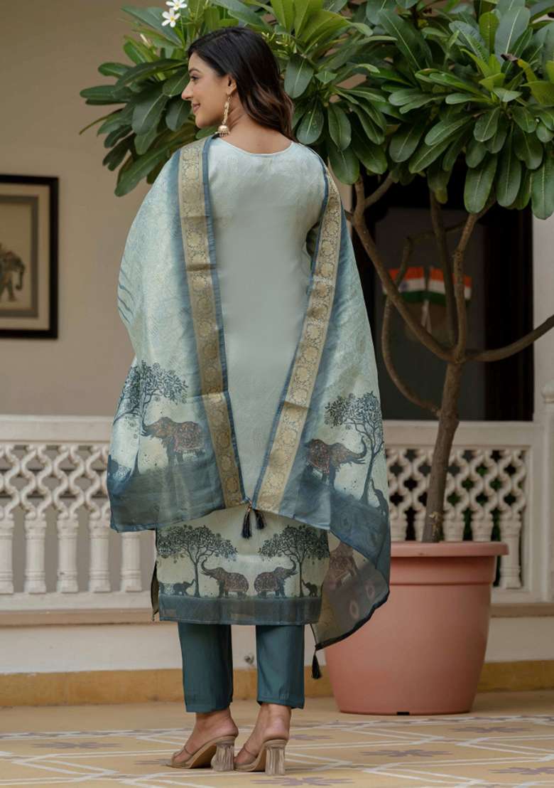 Sky Blue Printed Silk Kurta Set - Indya
