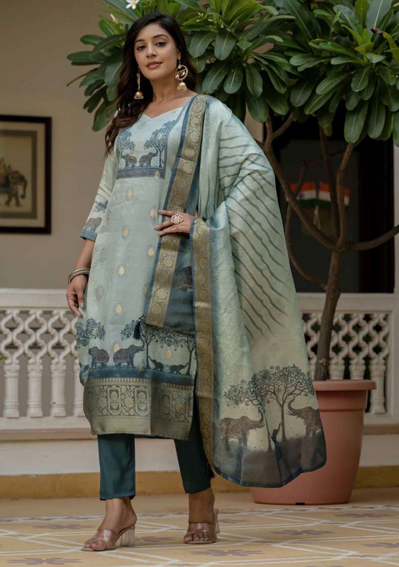 Sky Blue Printed Silk Kurta Set - Indya