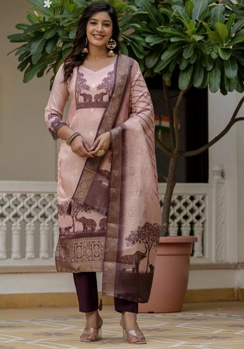 Pink Printed Silk Kurta Set
