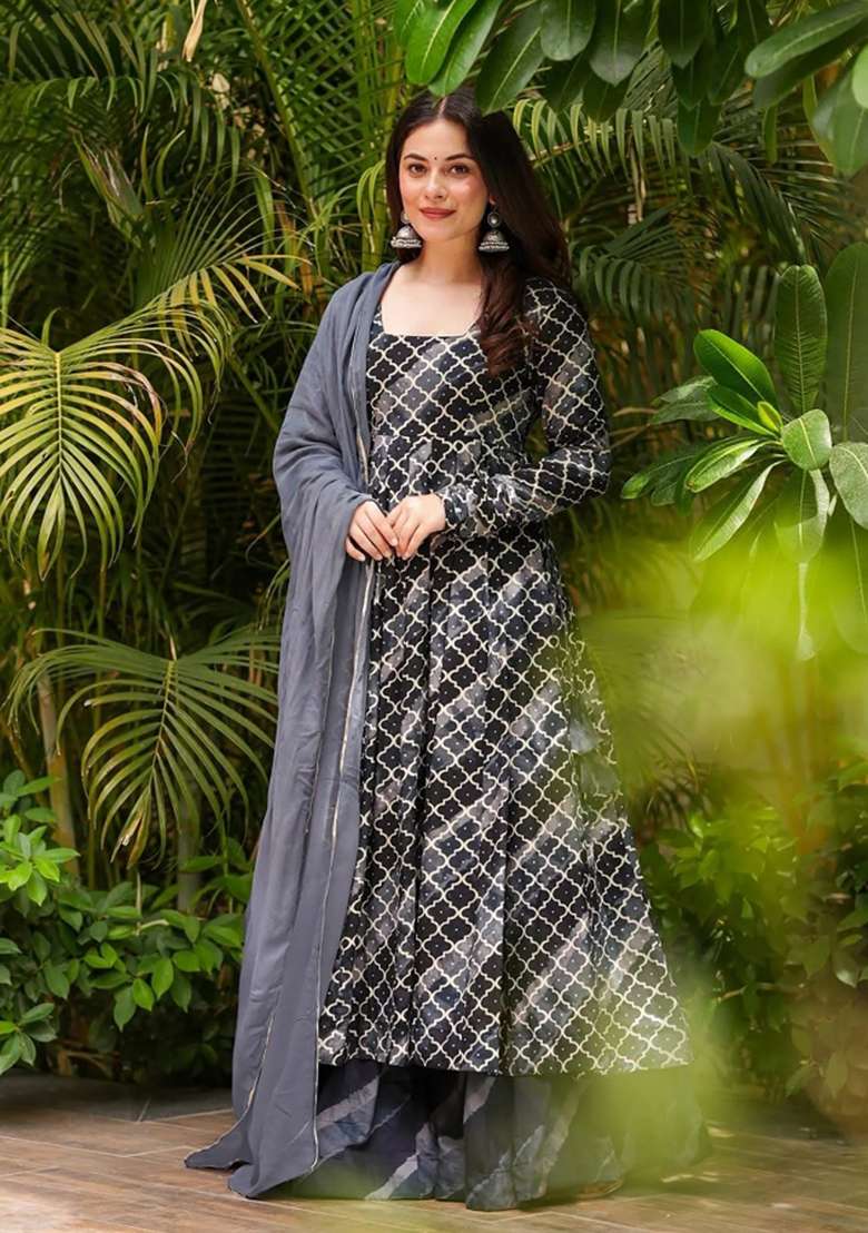 Grey Printed Muslin Kurta Set - Indya