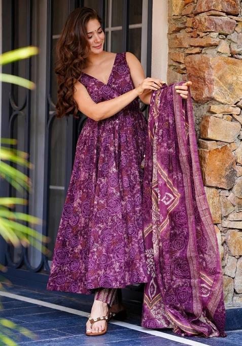 Purple Printed Muslin Kurta Set