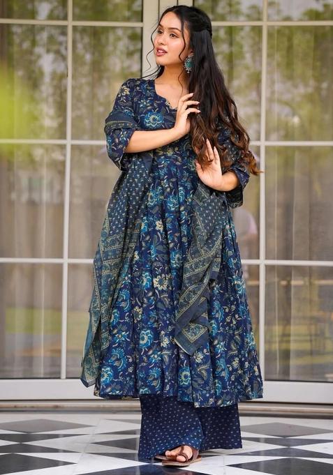 Blue Printed Muslin Kurta Set