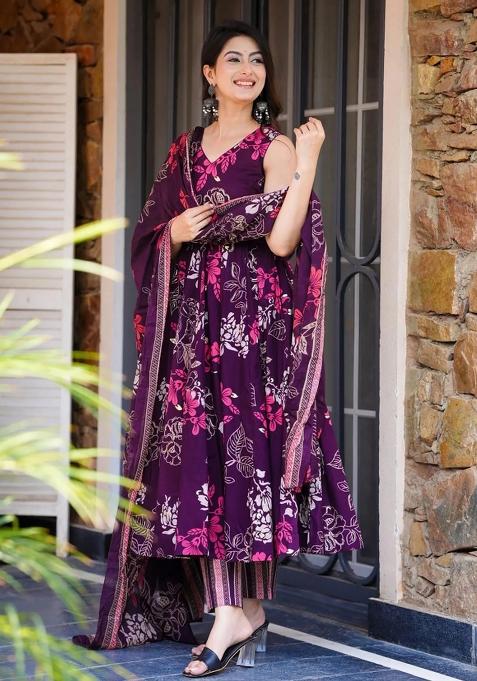 Purple Printed Muslin Kurta Set